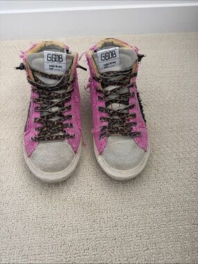 Golden Goose Pink and Gray High-Top Sneakers with Leopard Laces